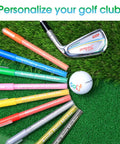9 Piece Golf Club Paint Pens And Markers For Filling In Customizing And Renovating Your Clubs And DIY Golf Balls Weatherproof Sunproof Colors Easy Club Identification And Quick Makeovers displayed on grass with a golf club and practice ball
