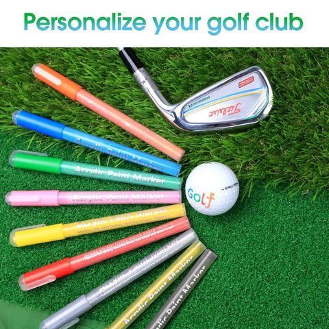 9 Piece Golf Club Paint Pens And Markers For Filling In Customizing And Renovating Your Clubs And DIY Golf Balls Weatherproof Sunproof Colors Easy Club Identification And Quick Makeovers displayed on grass with a golf club and practice ball
