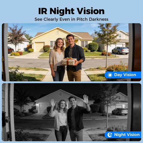 Dual Band Wireless Video Doorbell Camera With 2.4G And 5G Wi Fi, 2 Way Audio, AI Motion Alerts, Instant Alerts, Included Chime, No Monthly Fee, Easy Setup, Battery Powered With Long Battery Life, Works With NVR Or Standalone Security System, day and night vision demo