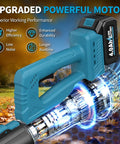 Close-up of a Cordless Leaf Blower 21V With Two 4.0Ah Batteries And Fast Charger Lightweight Electric Yard Blower motor design.