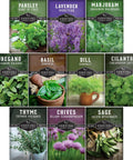 Ten Culinary Herb Seeds Pack For Indoor Kitchen Garden Featuring Basil Cilantro Lavender Dill Parsley Oregano Thyme Sage Chives Marjoram Ideal Starter Kit For Fresh Bangin Homegrown Flavors displayed with plant images.