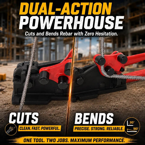 Threlaco 2 In 1 Rebar Bender And Cutter Manual Metal Rod Bending Tool shown cutting and bending steel rebar in red and black.