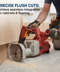 Heavy Duty Corded Toe Kick Circular Saw Delivers Knockout Flush Cuts And Quick Dial In Precision Depth Adjustments For Slick Cabinet Install And Floor Trim Work in use for flush cuts under cabinets.