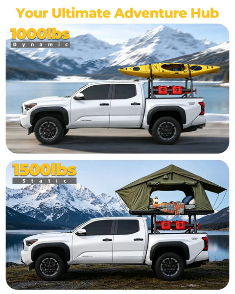 Beefy Yet Lightweight Aluminum Truck Bed Ladder Rack With Side Rails 1500 Lbs Capacity Stepless Height Adjust From 19 To 25 Inches Body Angle Matched Design Fits Toyota Tacoma Jeep Gladiator Mid Size Pickup on Tacoma with kayak and rooftop tent