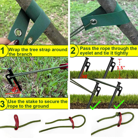 Installation steps for Heavy Duty Tree Stake Kit With 3 Straps, 3 Steel Spikes, And 39 Ft Rope For Young Trees support
