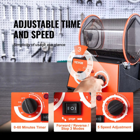 Mini Jewelry Polisher Tumbler With 3 Kg Capacity And 0 To 60 Minute Timer 5 Speed Rotary Finisher displaying control panel and polycarbonate drum