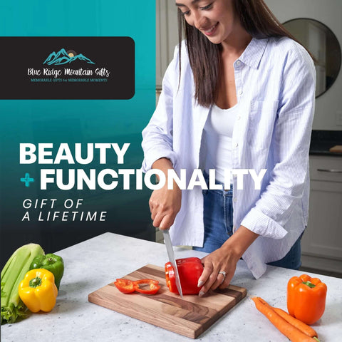 Wood cutting board on kitchen counter with a person slicing a red bell pepper; Blue Ridge Mountain Gifts logo visible.