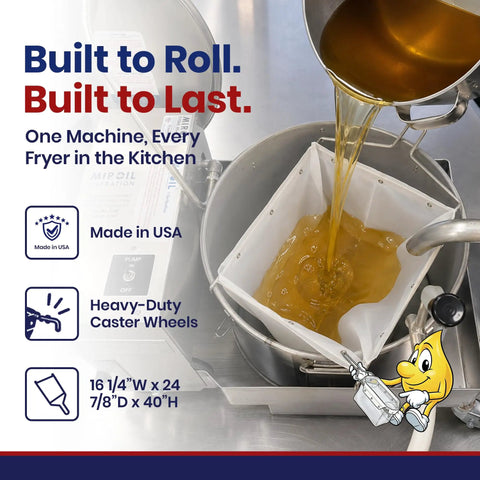 Built Tough Electric Deep Fryer Oil Filter System With Rapid Impurity Removal And Heavy Duty Portable Discard Grease Trolley For Busy Kitchen Crews Running Smooth, showing oil being filtered.