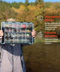 Person holding BallistiX Hangr 3.7D Tackle Tray Waterproof Angled Divider System Anti Corrosion Single Latch Clear Lid Lure Box outdoors