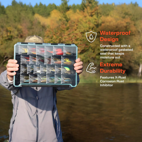 Person holding BallistiX Hangr 3.7D Tackle Tray Waterproof Angled Divider System Anti Corrosion Single Latch Clear Lid Lure Box outdoors