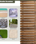 Image of 6 Ft Roll Out Garden Pathway Straight Non Slip Wooden Walkway with rounded edges on various terrain backgrounds.