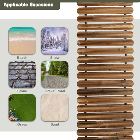 Image of 6 Ft Roll Out Garden Pathway Straight Non Slip Wooden Walkway with rounded edges on various terrain backgrounds.