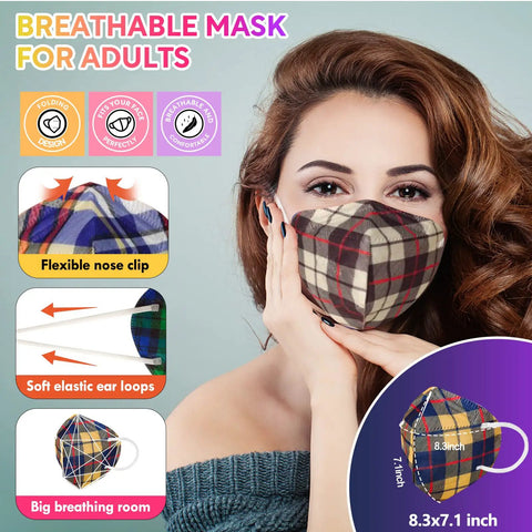 Woman wearing plaid KN95 Face Masks For Adults With 10 Fresh Prints, 5 Layer Protection And All Day Comfort, Designer Style Masks.