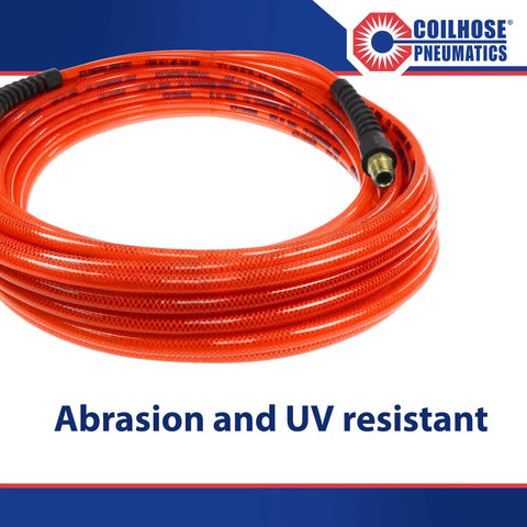 Flexeel Reinforced Polyurethane Air Hose 1/4-Inch ID, 100-Foot, Transparent Red, Coiled with Strain Relief Fittings, Abrasion Resistant