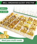 Brass Compression Sleeve Ferrule Kit 280Pcs Six Sizes 1/2 To 1/8 Inch Assortment With Nuts And Fittings in storage case