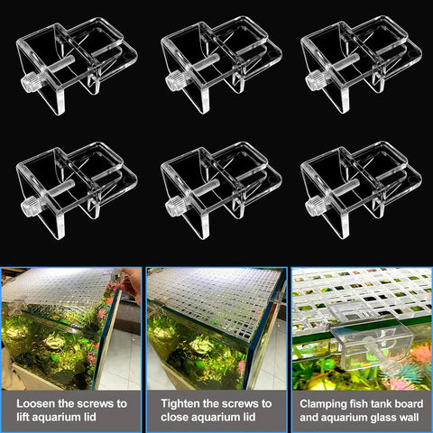 Six Piece Rock Solid Aquarium Lid Clips For Rimless Fish Tanks Heavy Duty Glass And Acrylic Top Hood Brackets with screws for secure mounting.