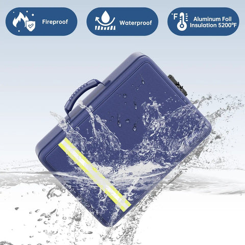 Fireproof Document Bag With Lock Insulated Large Document Box For Travel And Home Safe Storage Waterproof Zipper Includes 13 Section Accordion File Folder Blue.