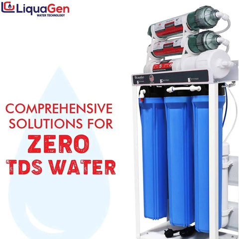 Beefed Up Commercial Grade Reverse Osmosis And Deionization Water Filtration System With Dual Booster Pumps And A 40 Gallon Tank Delivers Up To 800 GPD Of 0 TDS Purified Water For Labs, Restaurants And Industrial Use, image shows blue filtration system.