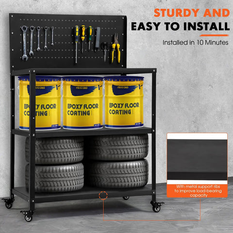 Beefy Heavy Duty Fifty Point Four Inch Steel Workbench With Pegboard And Lockable Rolling Wheels Mobile Tool Storage Table