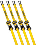 Lightweight 1.25 Inch By 12 Foot Ratchet Tie Down Straps 1800 Lb Break Strength 4 Pack displayed in yellow color.