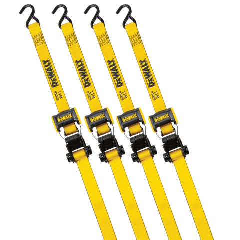 Lightweight 1.25 Inch By 12 Foot Ratchet Tie Down Straps 1800 Lb Break Strength 4 Pack displayed in yellow color.