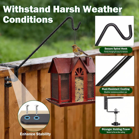 Badass Deck Railing Plant Hangers 2 Pack Workhorse Solid Core Shepherd Hooks Rust Resistant holding a bird feeder securely.