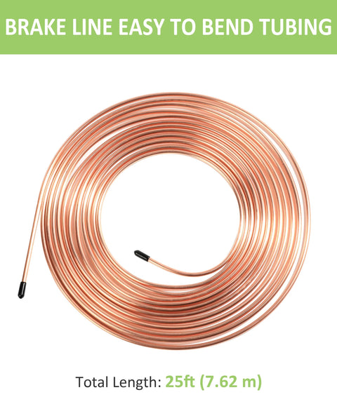 Copper brake line tubing coil, 25 ft long, copper color with black end caps