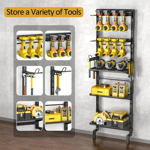 Five Tier Vertical Wall Mount Tool Storage Rack For Garage Heavy Duty Metal Organizer With Eight Drill Holder Slots