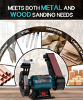 Rock Solid Bench Grinder And Belt Sander Combo With A Tough Induction Motor shown with sanding wheel and sanding belt for metal and wood.