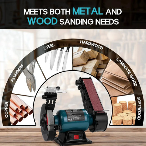 Rock Solid Bench Grinder And Belt Sander Combo With A Tough Induction Motor shown with sanding wheel and sanding belt for metal and wood.