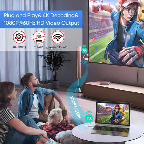 Family watching game streamed via Wireless HDMI Transmitter and Receiver Kit With 328 Feet Range 4K Decode to 1080P Output