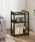 Three Tier Narrow Bookshelf With Edge Protection And Side Cross Tube Design For Picture Frames Statues Easy Peasy Setup Super Solid Storage Rack showcasing rustic shelves with books and decor in living room.