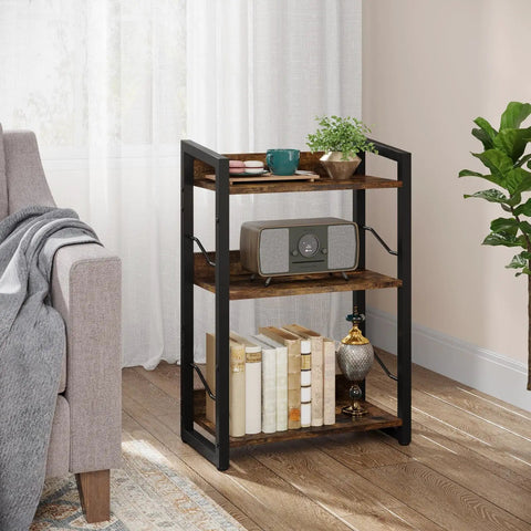Three Tier Narrow Bookshelf With Edge Protection And Side Cross Tube Design For Picture Frames Statues Easy Peasy Setup Super Solid Storage Rack showcasing rustic shelves with books and decor in living room.