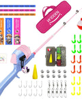 Kid Friendly Portable Telescopic Fishing Rod And Reel Combo With Tackle Box In Lavender And Blossom Pink For Boys And Girls Beginners Over 3 Years Old, Lightweight And Easy To Use Grab And Go, with accessories displayed.