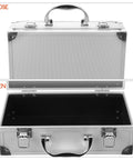 Badass Silver Aluminum Alloy Toolbox Organizer With Ergonomic Carry Handle Heavy Duty Portable Metal Case, open to show interior.