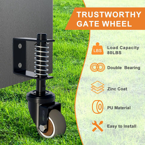 1 Pack Gate Caster Wheel Kit For Wooden Gates, 2 Inch Wheel, 80 Lb Load Capacity, 360 Degree Rotation, TPR Rubber Tire, Black