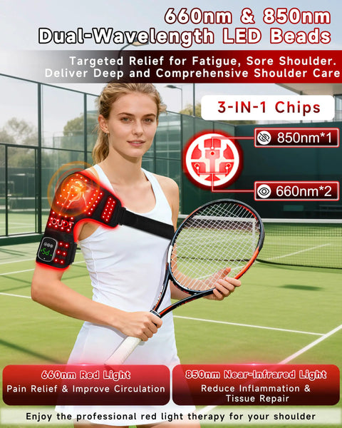 Cordless Red Light Therapy Shoulder Wrap With Vibration Massage And Heated Pad 5000mAh Rechargeable Massager in use on tennis court