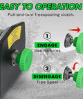 Front view of STEGODON 2500 lb ATV/UTV electric winch with green knob and steel cable.