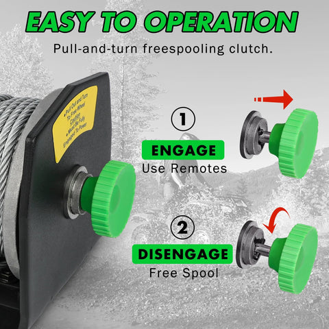 Front view of STEGODON 2500 lb ATV/UTV electric winch with green knob and steel cable.