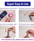 Step-by-step of using Pink Coin Roller Tube Set For Quick And Accurate Change Counting with Included Wrappers, shown in four images.