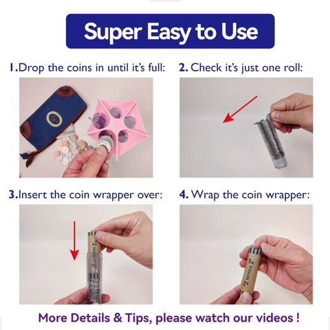Step-by-step of using Pink Coin Roller Tube Set For Quick And Accurate Change Counting with Included Wrappers, shown in four images.