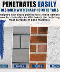 Built Tough 200 Piece Concrete Screws 3/16 X 1-3/4 Inch Blue Star Drive Masonry Anchors shown penetrating cement, blocks, bricks, and mortar.