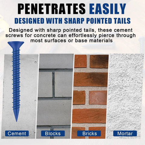 Built Tough 200 Piece Concrete Screws 3/16 X 1-3/4 Inch Blue Star Drive Masonry Anchors shown penetrating cement, blocks, bricks, and mortar.