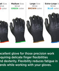 Extra Large Black Work Gloves With A Nasty Grip And Badass Flexibility In This Pack Of 12 shown in size options red, green, brown, blue.