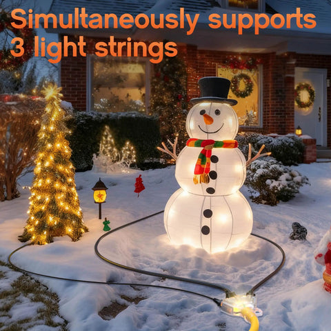 Snow-covered yard with snowman decoration lit, connected with Beefy 50 Ft 10 Gauge Heavy Duty Outdoor Extension Cord With Three Outlets And Indicator Light For Worksite Waterproof SJTW 15A 1875W ETL Listed Flexible Yellow.