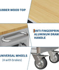 Close-up of Heavy Duty 61 Inch Tool Chest Cabinet With Mobile Garage Workbench showing rubber wood top and wheels.