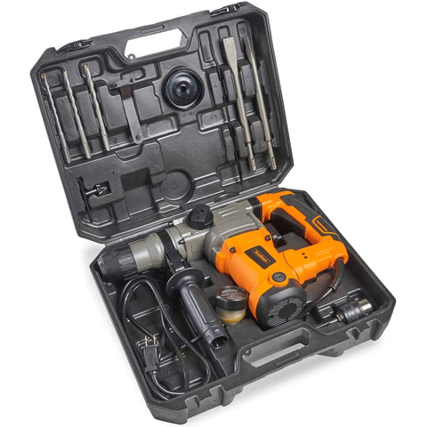 10 Amp Rotary Hammer Drill With Vibration Control Three Modes Demolition Kit in carry case with chisels and bits