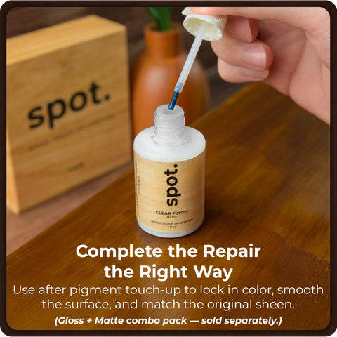 Knockout Match Wood Stain Repair Kit With Brush On Touch Up Bottles For Scratches And Dings showcasing clear finish application process.