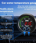 52mm Digital Water Temperature Gauge With Alarm for Cars, Trucks and Boats, 1/8 NPT Sensor, 12V/24V DC Power, Red Display With Green Ambient Light, 100-300F (38-150C), Plug and Play Ultra Accurate Auto Gauge on car dashboard