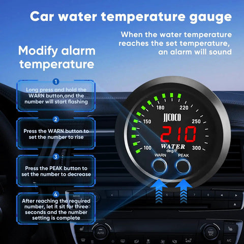 52mm Digital Water Temperature Gauge With Alarm for Cars, Trucks and Boats, 1/8 NPT Sensor, 12V/24V DC Power, Red Display With Green Ambient Light, 100-300F (38-150C), Plug and Play Ultra Accurate Auto Gauge on car dashboard